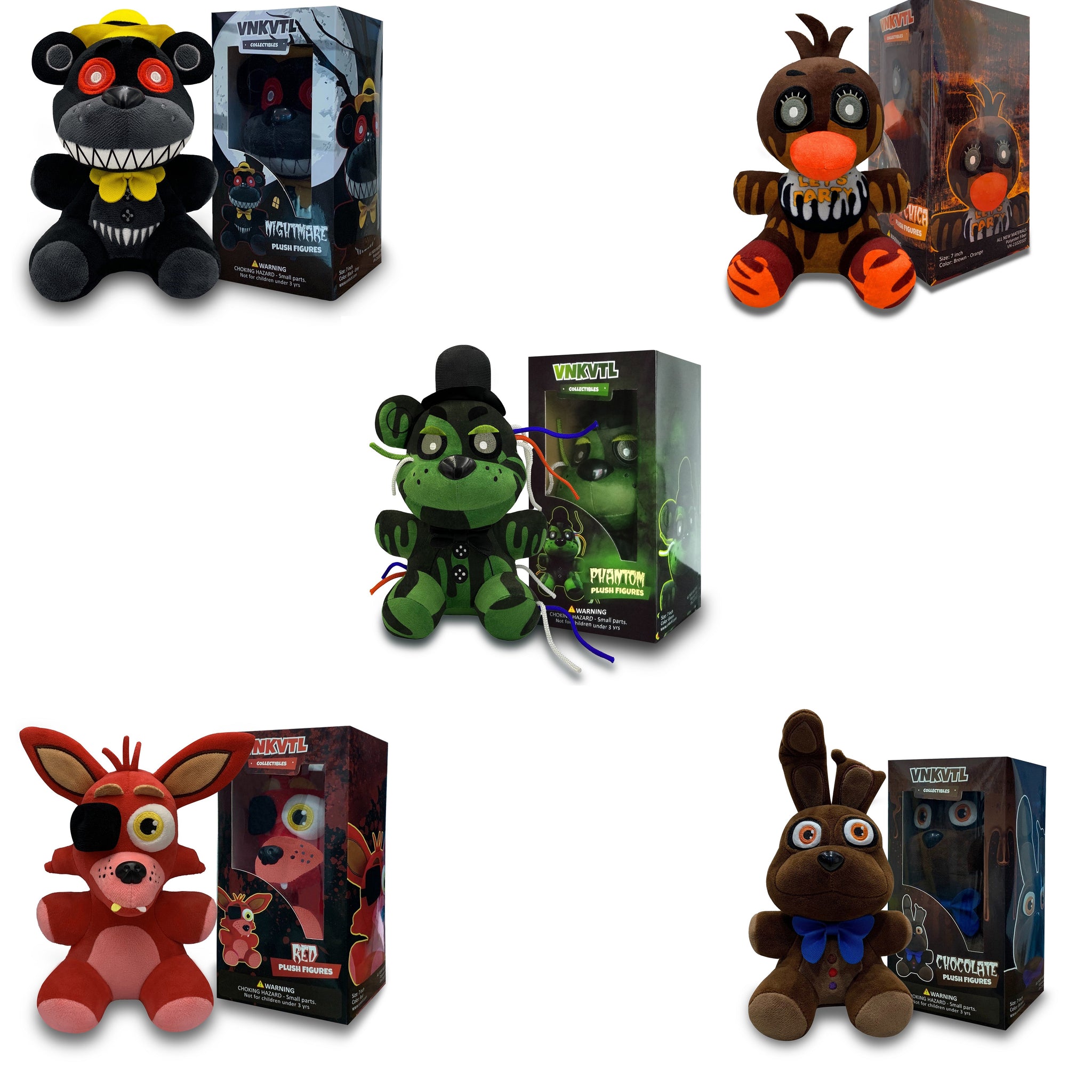 Combo 1 - 5 Character Nightmare plush, Phantom Chica plush, Chocolate Bonnie plush, Phantom Freddy plush, Foxy Plush 7 inch - US