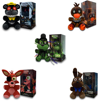 Combo 1 - 5 Character Nightmare plush, Phantom Chica plush, Chocolate Bonnie plush, Phantom Freddy plush, Foxy Plush 7 inch - US